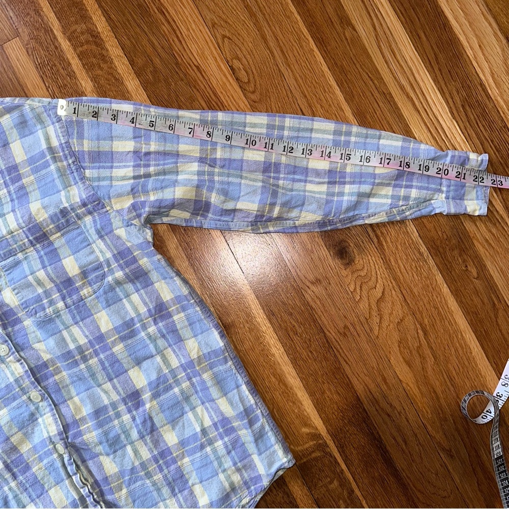 L.L.Bean Women’s M Light Blue Lavender Yellow Plaid Linen Shirt Mandarin Collar - Picture 4 of 11